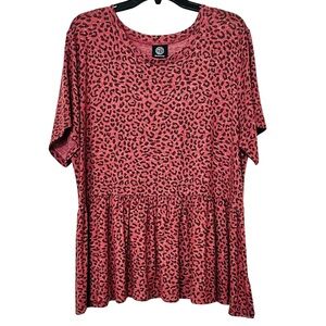Bobeau Burgundy Leopard Print Babydoll Peplum Short Sleeve Top Curvy Plus Sz 2X
